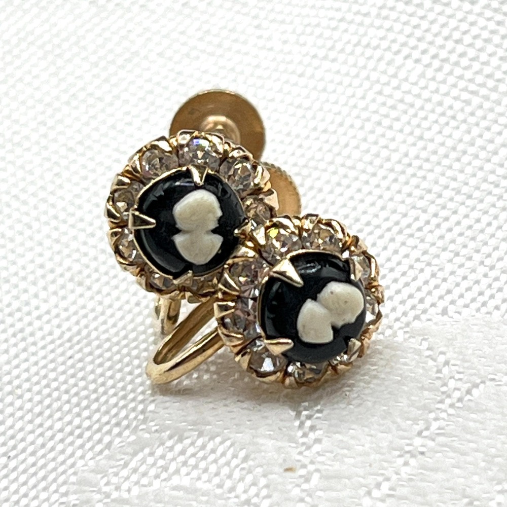 Vintage 50s Vargas Cameo Earrings w/ Clear Rhinestone Halo Screw Backs